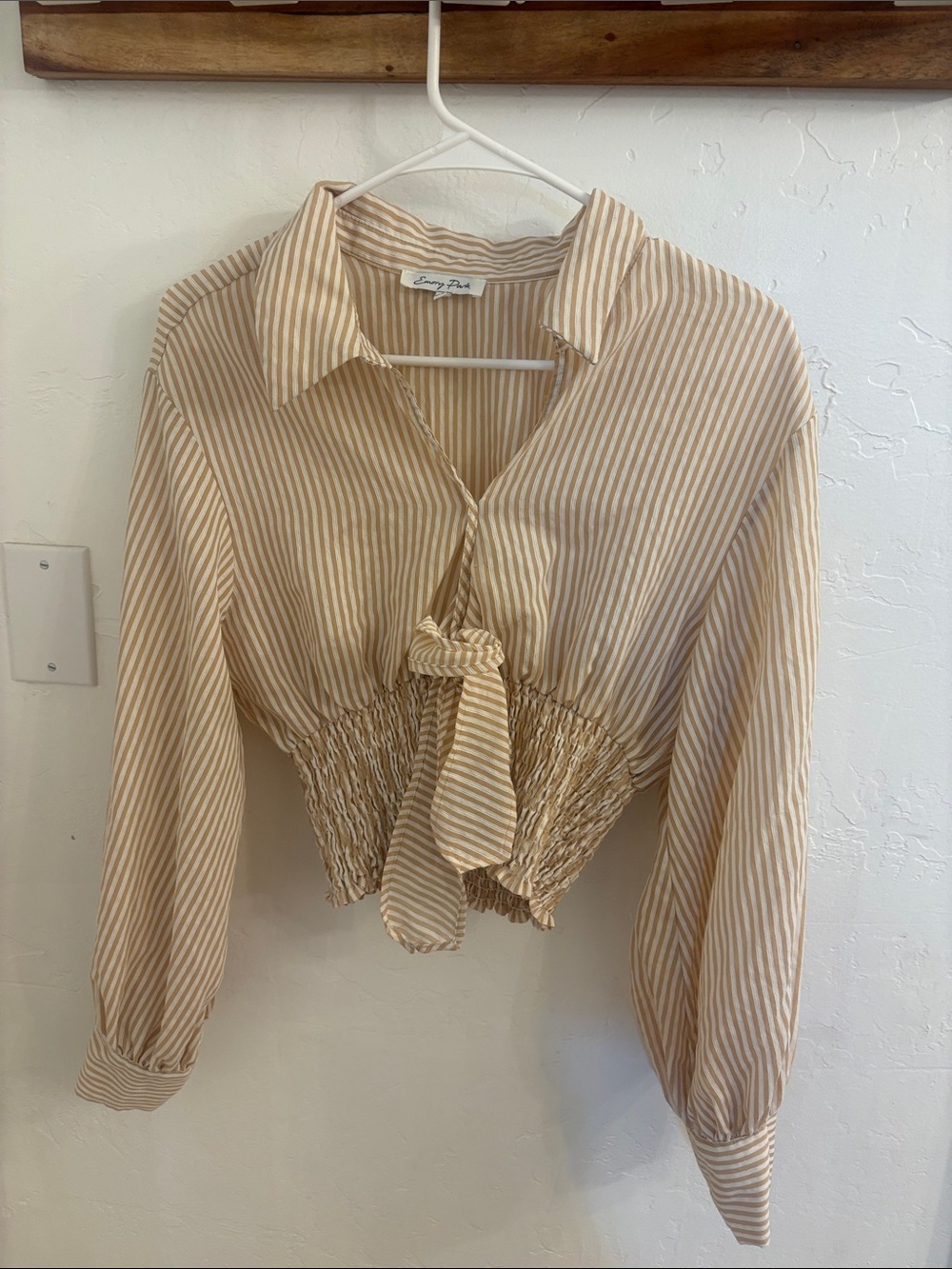 Beige Striped Tie-Front Smocked Waist Shirt - Women